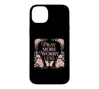 Carcasa para iPhone 14 Plus Pray More Worry Less Butterfly Floral Christian Faith