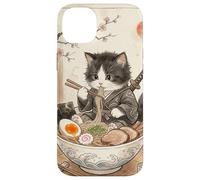 Carcasa para iPhone 14 Plus Samurai Ninja Cute Cat Ramen Bowl Japonés Acuarela Japón