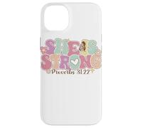 Carcasa para iPhone 14 Plus She Is Strong Proverbs 31:22 Gráfico Floral