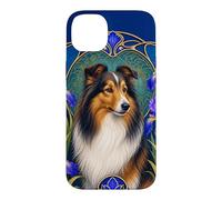 Carcasa para iPhone 14 Plus Sheltie Dog Art Nouveau Iris Diseño Floral
