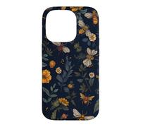 Carcasa para iPhone 14 Pro Abejas y Flores Silvestres en Azul Oscuro