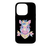 Carcasa para iPhone 14 Pro Blue Pig Retrato Animal Lover Graphic Gafas Rosa Floral