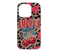 Carcasa para iPhone 14 Pro Brown Cheetah America Girls con Estampado de Leopardo, Cereza y Lazo