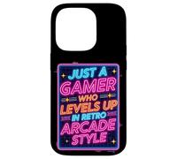 Carcasa para iPhone 14 Pro Camiseta para Videojuegos Estilo Arcade Retro de los 80 con diseño «Just a Gamer Who Levels Up»