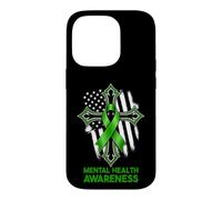 Carcasa para iPhone 14 Pro Cruz de concienciación sobre la Salud Mental, Cinta Verde, Bandera Americana