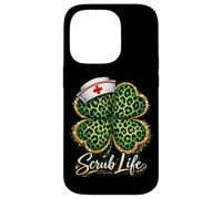 Carcasa para iPhone 14 Pro Día de San Patricio Nurse Scrub Life Leopard Shamrock