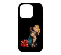 Carcasa para iPhone 14 Pro Fantasy Barbarian Pinup Woman Red Baby Dragon Tugging Skirt