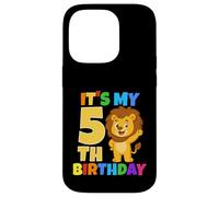 Carcasa para iPhone 14 Pro Fiesta temática de Safari de león de 5 años con Texto en inglés It's My 5th Birthday