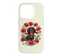 Carcasa para iPhone 14 Pro Girls Poppy Flowers Black Long Haired Dachshund Dog Lover