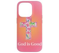 Carcasa para iPhone 14 Pro God Is Good, Rosa Degradado, con Estampado Floral, Cruz Cristiana, Bonita para Verano