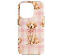 Carcasa para iPhone 14 Pro Golden Retriever Puppy Lazo Rosa Gingham Sweet Dog Design