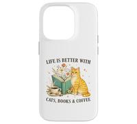 Carcasa para iPhone 14 Pro Life is Better with Cats Books and Coffee Cat Lover Reading