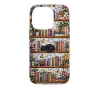 Carcasa para iPhone 14 Pro Literary Cat Book Lover Floral Estantería Vitral