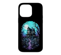 Carcasa para iPhone 14 Pro MAX Casa embrujada Luna de Sangre Arte de Grabado en Madera