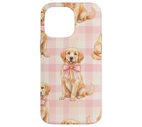 Carcasa para iPhone 14 Pro MAX Golden Retriever Puppy Lazo Rosa Gingham Sweet Dog Design