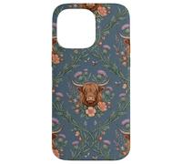 Carcasa para iPhone 14 Pro MAX Highland Cow Thistle Floral Scottish Farm Animal Design