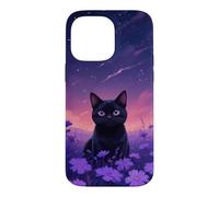 Carcasa para iPhone 14 Pro MAX Lindo Vaporwave Negro Gato Miau Flor Campo Retro Medianoche