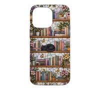 Carcasa para iPhone 14 Pro MAX Literary Cat Book Lover Floral Estantería Vitral