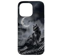 Carcasa para iPhone 14 Pro MAX Nekomata Yokai Gato Negro Luna Creciente Arte Sumi-e