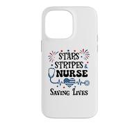 Carcasa para iPhone 14 Pro MAX Nurse 4th of July Funny Scrub Stars Stripes and Saving Lives