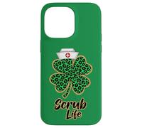Carcasa para iPhone 14 Pro MAX Scrub Life Nurse Green Leopard Shamrock Día de San Patricio