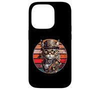 Carcasa para iPhone 14 Pro Steampunk Cat Retro Sunset Gafas, Sombrero y Relojes