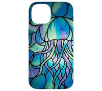 Carcasa para iPhone 14 Stained Glass Jellyfish Blue Purple Mosaic Ocean Art