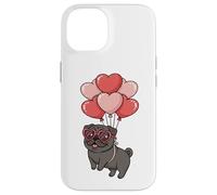 Carcasa para iPhone 14 Womens Girls Valentines Day Heart Balloons Black Pug Lover