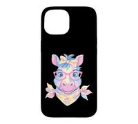 Carcasa para iPhone 15 Blue Pig Retrato Animal Lover Graphic Gafas Rosa Floral