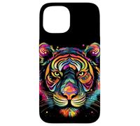 Carcasa para iPhone 15 Cara de Tigre Colorida, Arte de Animales Salvajes, Gatos Grandes, Negro
