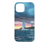 Carcasa para iPhone 15 Coastal Lighthouse Sailboat Ocean Sunset Scenic Artwork