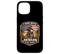 Carcasa para iPhone 15 Corro con Jesús en mi corazón American Dirt Bike Rider USA