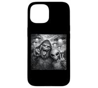 Carcasa para iPhone 15 Funny Alien and Bigfoot Selfie UFO Rock on Sign Sasquatch