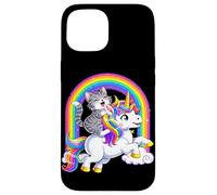 Carcasa para iPhone 15 Gato Montando Unicornio Arco Iris Fantasía Lindo