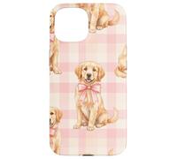 Carcasa para iPhone 15 Golden Retriever Puppy Lazo Rosa Gingham Sweet Dog Design