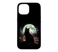 Carcasa para iPhone 15 Green Cat Luna Llena Ciudad Vigilante Noche Felino