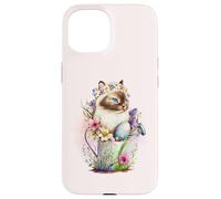 Carcasa para iPhone 15 Happy Easter Cat Easter Tea Cup Coffee Cat Siamese Floral