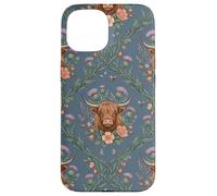 Carcasa para iPhone 15 Highland Cow Thistle Floral Scottish Farm Animal Design