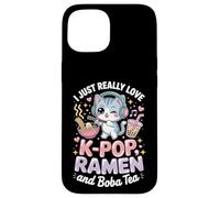 Carcasa para iPhone 15 I Just Love K-Pop Ramen and Boba Tea Cute Cat Graphic