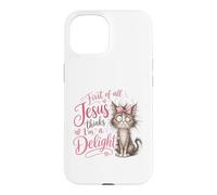 Carcasa para iPhone 15 Jesus Thinks I'm A Delight Funny Christian Faith Cat Lover