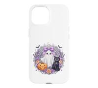 Carcasa para iPhone 15 Kawaii Fantasma Gato Negro Calabaza Halloween Floral