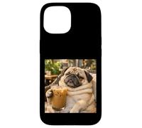 Carcasa para iPhone 15 Lazy Sunday Coffee Pug Funny Relaxing Meme