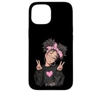 Carcasa para iPhone 15 Linda Chica Signo de Paz Pelo Rizado Divertido gráfico juguetón Trippy