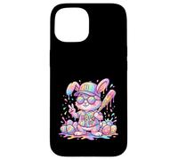 Carcasa para iPhone 15 Lindo Conejo de béisbol de Pascua arcoíris Goteo niños niños niños pequeños