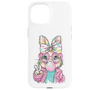Carcasa para iPhone 15 Lindo Conejo de Pascua Signo de Paz Bubble Gum Spring Art Kids Girl