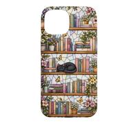 Carcasa para iPhone 15 Literary Cat Book Lover Floral Estantería Vitral