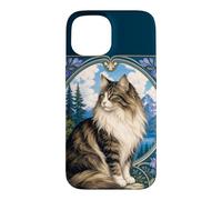 Carcasa para iPhone 15 Majestic Gato de Pelo Largo Art Nouveau Mountain