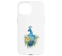 Carcasa para iPhone 15 Majestuoso pájaro Pavo Real con Vibrante Arte Floral en Acuarela