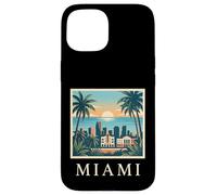 Carcasa para iPhone 15 Miami, Florida, costero, Ciudad, Horizonte, Retro, Puesta de Sol, Playa, Palmera