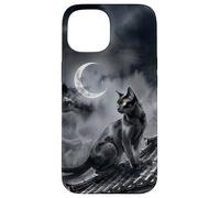 Carcasa para iPhone 15 Nekomata Yokai Gato Negro Luna Creciente Arte Sumi-e